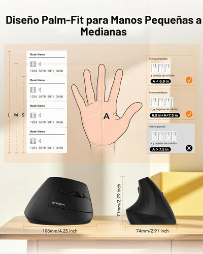 Vista 7 de KYSONA Ratón ergonómico inalámbrico, mouse vertical Bluetooth, DPI ajustable de 5 niveles, ratones con interruptor silencioso de 2.4 G para Windows