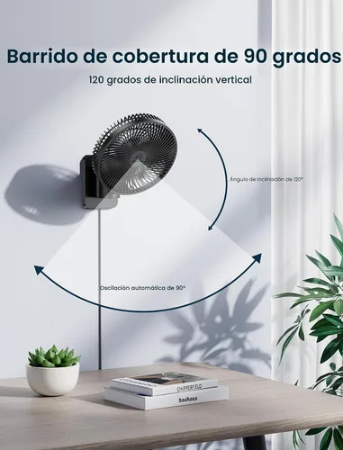 Vista 2 de Ventilador oscilante silencioso de pared de 8.5 pulgadas con control remoto y temporizador, 4 velocidades ajustables para baños pequeños