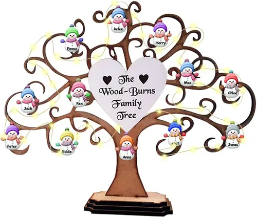 Vista 8 de Árbol genealógico de madera personalizado de muñeco de nieve de Navidad, letrero de árbol de la vida de madera personalizado, letrero de mesa