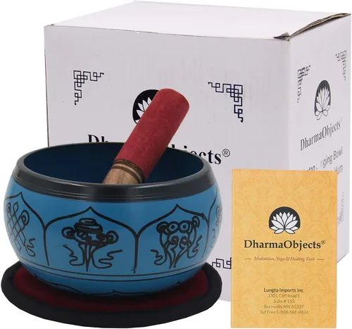 Vista 8 de DharmaObjects Yoga Meditación 6 Pulgadas 8 Símbolos de la Suerte Símbolos Cantando Tazón/Cojín/Cuero Mazo Set de Regalo (Negro)