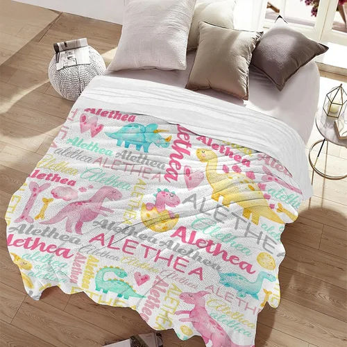 Vista 5 de Manta personalizada con nombre de bebé, dinosaurios, regalo para bebés y niñas, manta de franela suave para recién nacidos, manta cómoda y acogedora