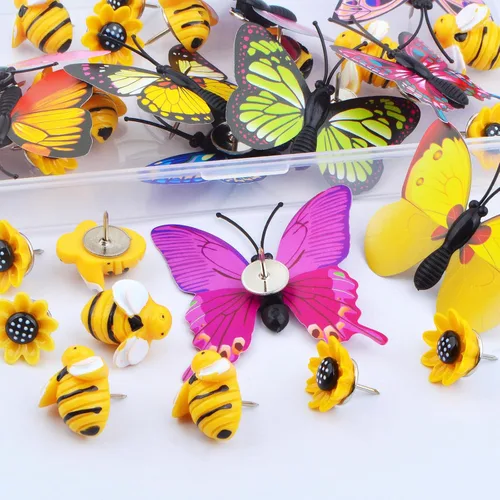Vista 4 de 30 pines decorativos creativos de estilos mixtos, bonitos pasadores de girasol, abeja, mariposa, pasadores con una caja para fotos, pared, oficina