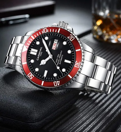 Vista 4 de CARNIVAL Reloj negro impermeable de acero inoxidable con bisel giratorio para hombre (rojo), Rojo -, Leisure