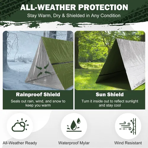 Vista 8 de Emergency Survival Tent Life Shelter - 2 Person Mylar Emergency Shelter Tube Tent with Emergency Whistle & Paracord, All-Weather Essential Survival