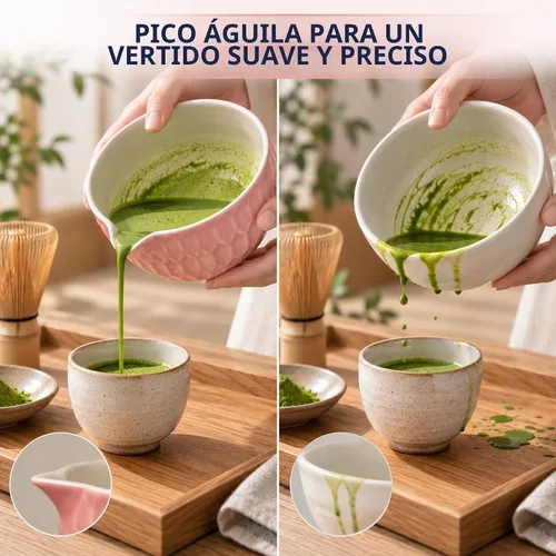 Vista 3 de Cuenco de Matcha con canalón, Chawan de cerámica de estilo japonés para Rosa