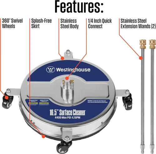 Vista 4 de Westinghouse Accesorio universal para limpiador de superficies de hidrolavadora de 16.5 pulgadas, acero inoxidable, 4400 PSI máximo, conector de 1/4