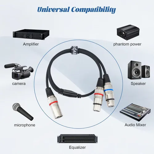 Vista 7 de Cable XLR Y-Splitter Cable, Cable de micrófono XLR doble hembra a macho, cable de conexión adaptador de 2 hembra a macho, 2 pies