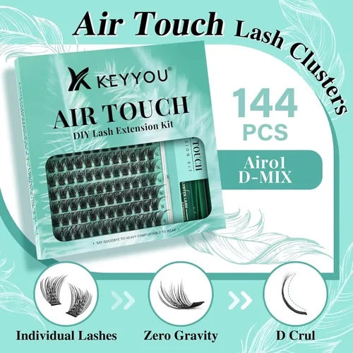 Vista 2 de Kit de extensión de pestañas KEYYOU 144 piezas con aplicador de pegamento y sello, racimos de pestañas Air Touch con removedor, rizo D, kit