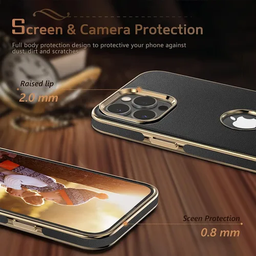 Vista 4 de LOHASIC Compatible con iPhone 14 Pro Max, funda delgada de cuero galvanizado dorado, antiarañazos, suave cubierta trasera protectora para hombre