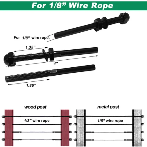 Vista 4 de Accesorios de barandilla de cable negro 1/8, kit de sistema de barandilla de cable de acero inoxidable T316, tensor de espárragos, 60 piezas