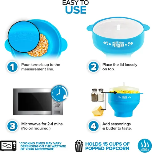 Vista 3 de Palomitas de maíz de silicona para microondas (azul) para hacer palomitas de maíz, no requiere aceite, cuenco plegable con tapa, reutilizable, sin