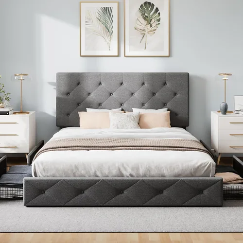 Vista 3 de WEEWAY Base de cama de plataforma tamaño Queen con 4 cajones de almacenamiento, cabecera capitonada con botones de costura de diamante, base de Gris