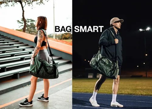 Vista 8 de BAGSMART Bolsa de gimnasio con compartimento para zapatos y bolsillo húmedo, bolsa de lona ligera para viajes deportivos, bolsa de transporte