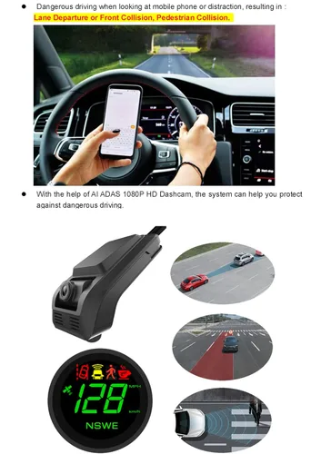Vista 5 de ELING Velocímetro HUD de 2.75 pulgadas, módulo GPS integrado, dispositivo de prevención de colisiones AI, cámara inteligente para tablero con ADAS