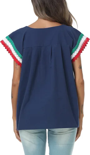 Vista 7 de YZXDORWJ Blusa tradicional colorida de encaje bordado mexicano para mujer, tricolor, camiseta del día de la independencia mexicana