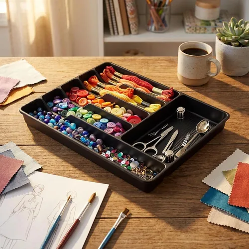 Vista 7 de Morcte Bandeja de plástico para cubiertos de plástico, 1 unidad, color negro Bandeja de cubiertos de 6 compartimentos, para organización