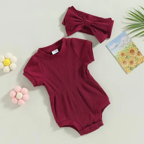 Vista 39 de Traje de verano para niña pequeña, de manga corta, acanalado, overol liso, pantalones cortos, ropa para recién nacidos