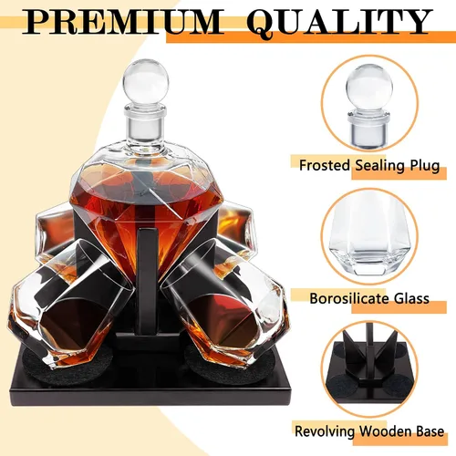 Vista 3 de Juego de decantador de whisky de diamante, juego de decantador de diamante con 4 vasos y 4 piedras de whisky, juego de decantador de whisky, regalo