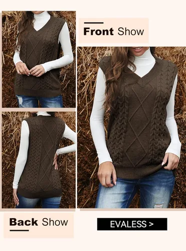 Vista 7 de EVALESS Chaleco de gran tamaño para mujer, cuello en V, sin mangas, color sólido, suéter suelto