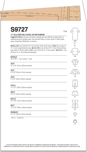 Vista 2 de Simplicity SS9727OS Kit de patrón de costura de ropa de muñeca de 15 pulgadas, sombrero y diadema, código S9727