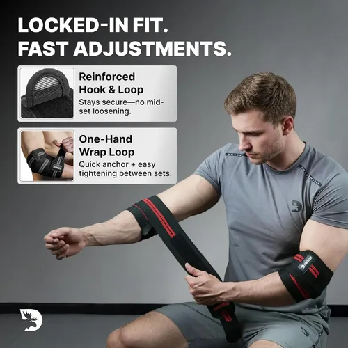 Vista 5 de DMoose Fitness Elbow Wraps for Weightlifting (Pair) - 40'' Adjustable Strap for Gym Workout & Bench Press, Compression Elbow Sleeves for Tendonitis