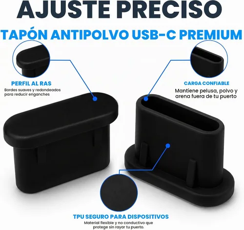 Vista 5 de Tapones antipolvo USB C, paquete de 10 con cepillo de limpieza, cubiertas Negro
