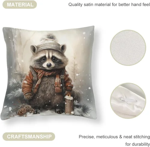 Vista 4 de Almohadas grandes para sofá de 16 x 16 pulgadas, diseño de mapache de dibujos animados, Navidad, nieve, invierno, cuadradas, de satén, funda