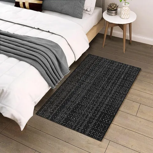 Vista 7 de Alfombra de baño estilo bohemio, 2 x 3 pies, alfombra de algodón tejida a mano para entrada, reversible, lavable, alfombra estilo granja, color Negro