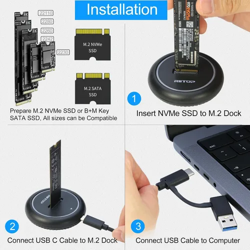 Vista 5 de Estación de acoplamiento NVMe a USB, carcasa SSD RIITOP M.2 para SSD NVMe y (B+M Key SATA)