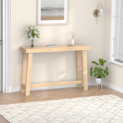 Vista 9 de Mesa de consola de madera de bambú 47.2" Mesa de entrada, mesa de sofá estrecha de granja de 2 niveles con estante de almacenamiento, mesa de sofá