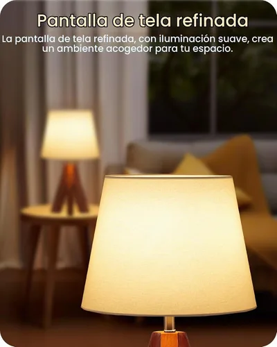 Vista 2 de Juego de 2 lámparas de mesa trípode pequeñas, lámpara moderna de mesita de noche con pantalla de tela, luz de escritorio de madera estilo bohemio