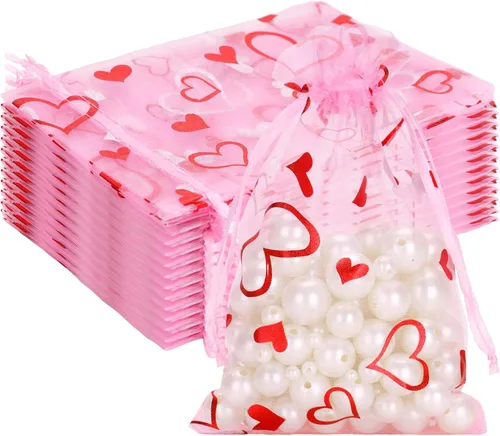 Vista 15 de G2PLUS - Bolsas de organza de corazón, 50 bolsas de regalo con cordón transparente de 4 x 6 pulgadas Pink Mesh Bags with Gold Foil Hearts for