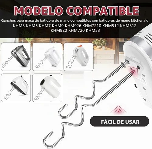 Vista 5 de Gancho de masa para batidora de mano Kitchenaid KHM512, ganchos de masa de acero inoxidable adecuados para KHM 5KSM KSM KSMO KSMH serie
