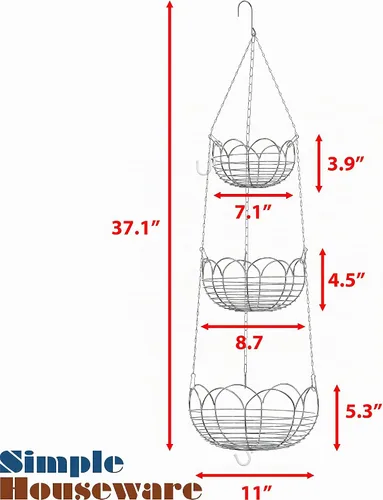 Vista 7 de Simple Houseware - Cesta colgante moderna para frutas de 3 niveles, cromado