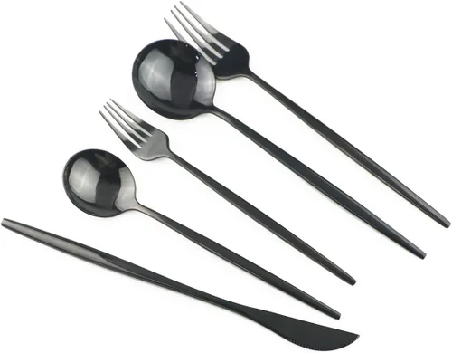 Vista 4 de Juego de cubiertos de 10 piezas – Utensilios de acero inoxidable 304 negro, tenedores, cucharas, cuchillos – Cubertería pulido espejo para 2