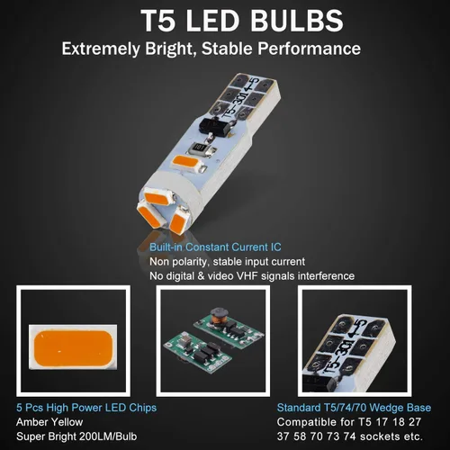 Vista 4 de 10X Bombillas LED T5 Ámbar Amarilla Canbus Sin Errores 3014 Chipsets 74 2721 37 PC74 70 73 17 Bombillas LED para Interior, Panel de Instrumentos