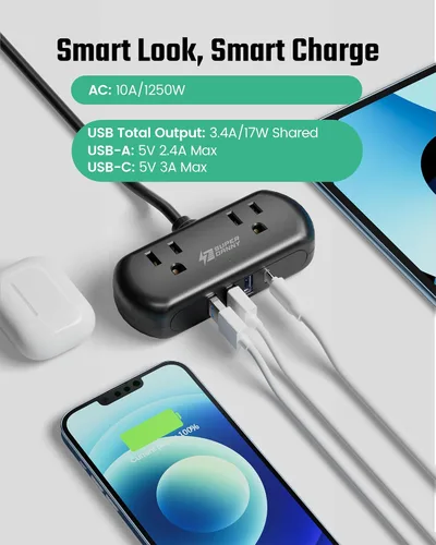 Vista 5 de SUPERDANNY - Cable de extensión de 2 pies, mini protector de sobretensiones con 2 tomas de corriente espaciadas amplias, tira de alimentación USB, 3