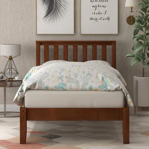 Vista 3 de MERITLINE Base de cama individual, plataforma de madera con cabecero y estribo, no necesita somier, nogal