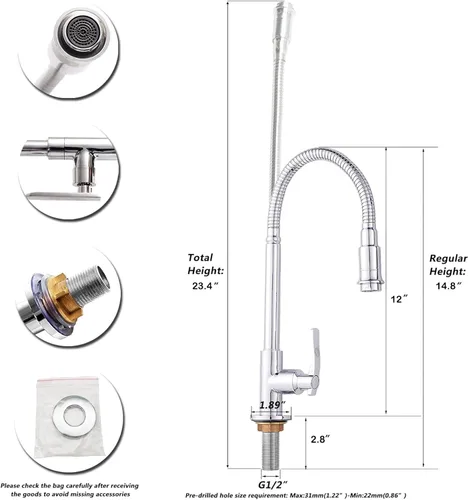 Vista 4 de Inchant Grifo de Fregadero de Cocina para Exteriores - Giratorio 360° Un Solo Orificio Un Solo Mango Grifo de Cocina de Agua Fría Cuello Flexible