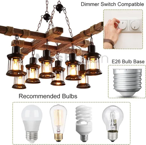 Vista 3 de iMeshbean Lámpara colgante de madera industrial de 8 luces, lámpara de techo para cocina, bar, mesa de billar