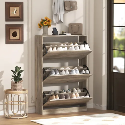 Vista 23 de Wodeer Armario estrecho para zapatos de entrada, armario delgado de almacenamiento de zapatos con 3 cajones abatibles, almacenamiento oculto de Negro