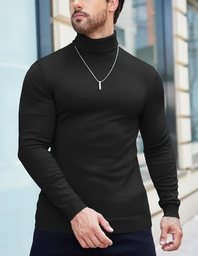 Vista 2 de COOFANDY Suéter de cuello alto ajustado para hombre, casual, básico, de manga larga, suéter de punto