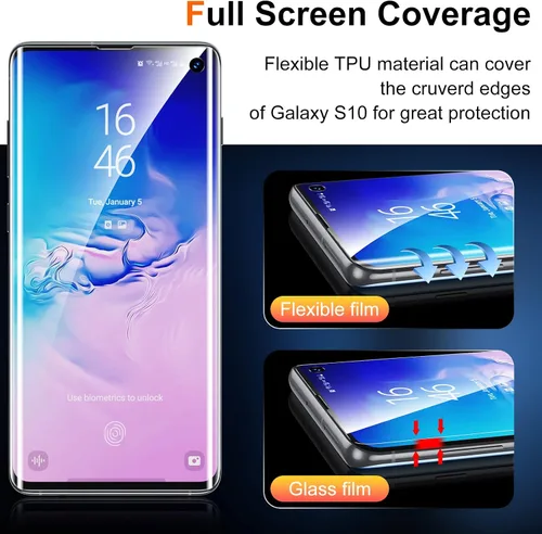Vista 7 de [Paquete de 3+2] Unique Me compatible con Samsung Galaxy S10 de cobertura completa, protector de pantalla de TPU flexible y protector de lente