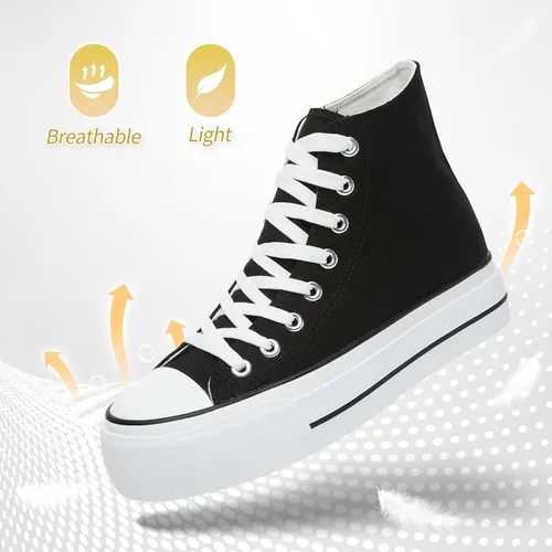 Vista 4 de POVOGER Zapatos deportivos de plataforma para mujer, zapatos de lona altos de moda, zapatos de plataforma blancos para mujer, zapatos casuales