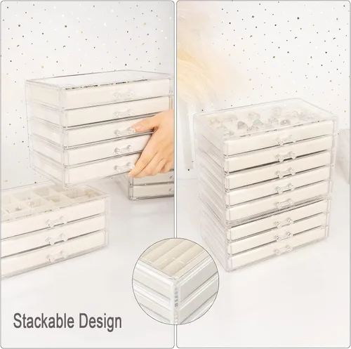 Vista 4 de BeShiny Organizador de joyas de acrílico con 5 cajones, caja de joyería transparente para mujeres y niñas, organizador de joyas de terciopelo