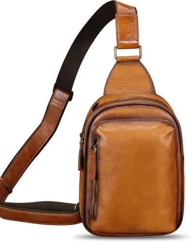 Vista 2 de LRTO Bolso bandolera pequeño de cuero genuino para mujeres y hombres, bolsa cruzada para el pecho, mochila para senderismo, deportes, viajes