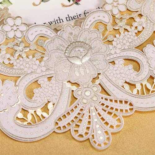 Vista 6 de DORIS HOME 50 tarjetas de invitación de encaje floral dorado blanco cortado con láser con sobres para invitaciones de boda, despedida de soltera