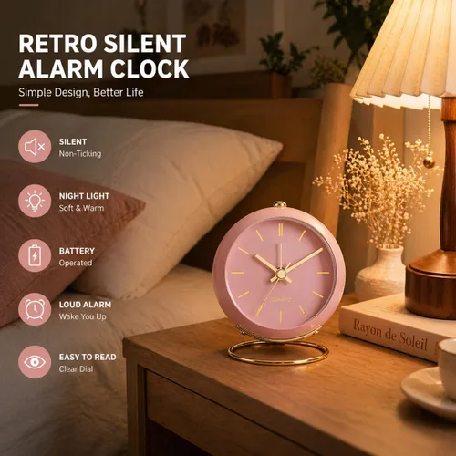 Vista 2 de AYRELY® Relojes Despertadores de Escritorio a Batería con Luz, Reloj Analógico Pequeño Retro Silencioso Sin Tictac, Reloj de Mesa Fuerte para Mesita