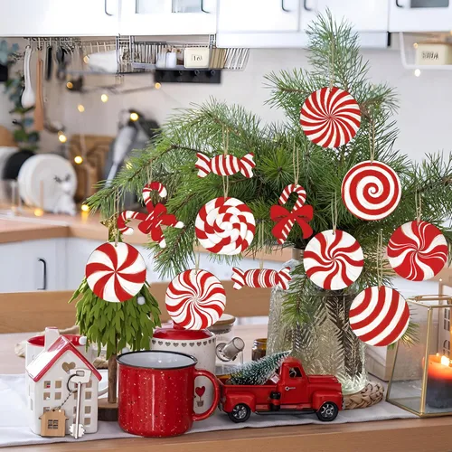 Vista 7 de 36 piezas de adornos navideños de madera con forma de bastón de caramelo, decoración colgante para árbol de Navidad, piruletas de menta roja