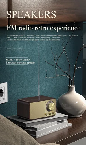 Vista 5 de Altavoz Bluetooth de madera retro, radio recargable de 1500 mAh con antena FM integrada, esfera giratoria de sintonización AM/FM, control de graves